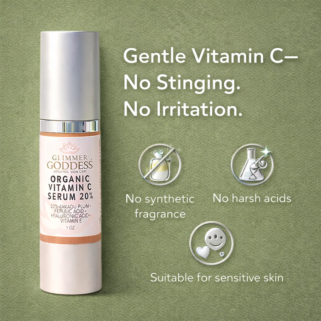 Glimmer Goddess Organic Vitamin C Serum 20% with hyaluronic and ferulic acid, brightening skincare treatment in a dropper bottle