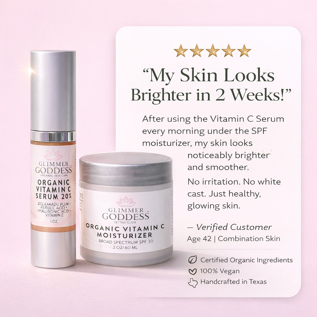 Organic Vitamin C Serum 20% and SPF 30 Moisturizer displayed beside a five-star customer testimonial on a soft pink background highlighting brighter skin results and daily sun protection benefits.