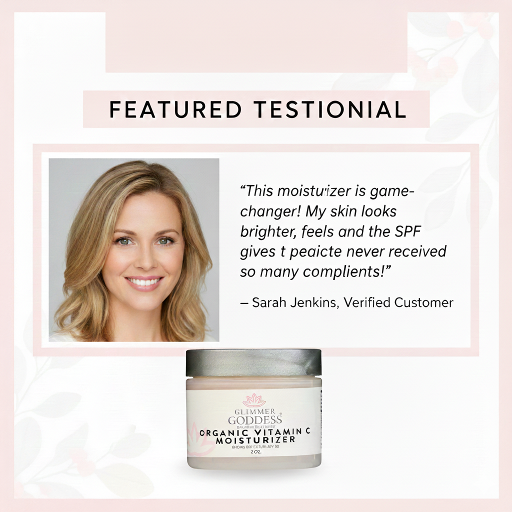 Glimmer Goddess Organic Vitamin C Daily Moisturizer SPF 30 with brightening formula, showing the cream and testimonial text.