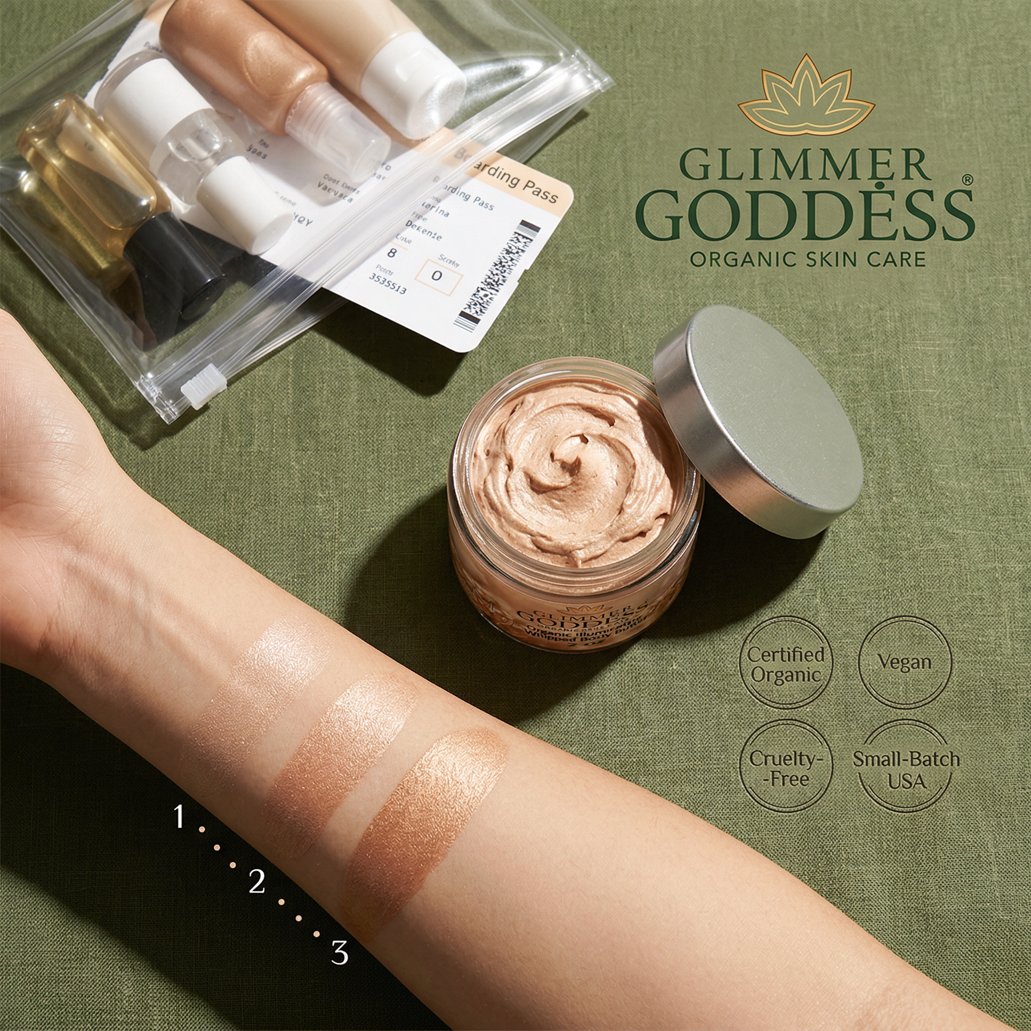 Organic shimmer body butter by Glimmer Goddess® for a radiant glow, shown in a 2 oz travel-sized jar.