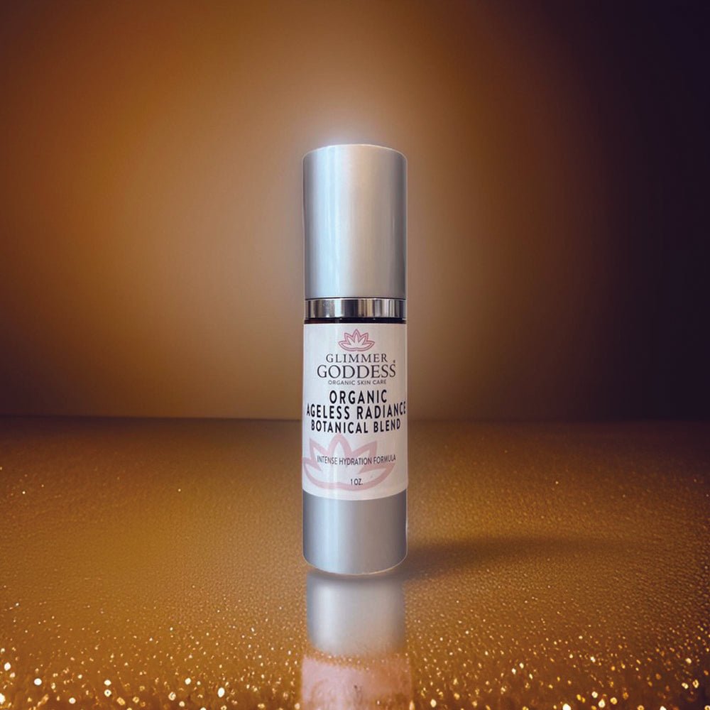 Organic Skin Brightening Serum from Glimmer Goddess bottle with sparkles