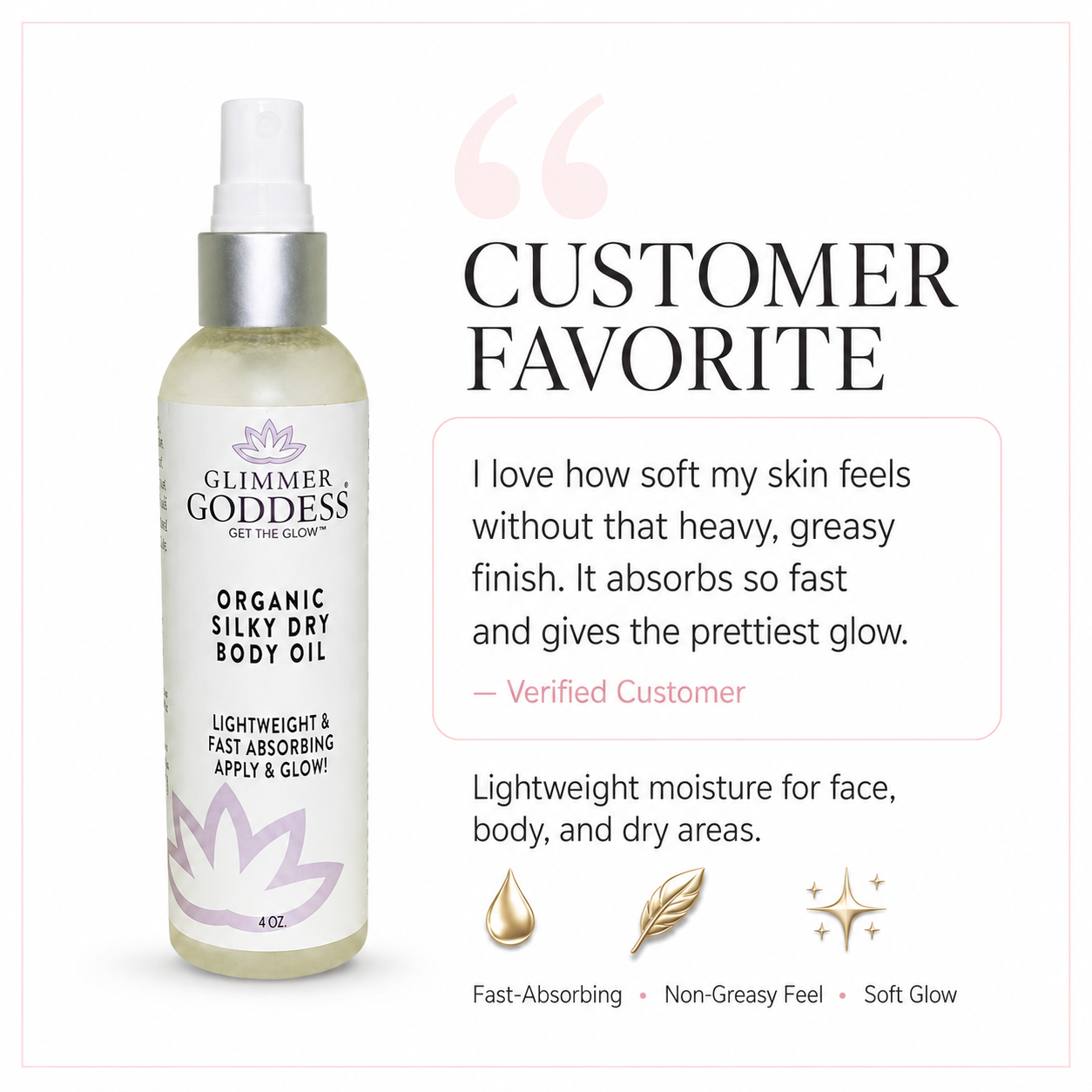 Glimmer Goddess® Organic Silky Dry Body Oil on a white background with a customer testimonial about fast absorption, soft skin, and a non-greasy glow.