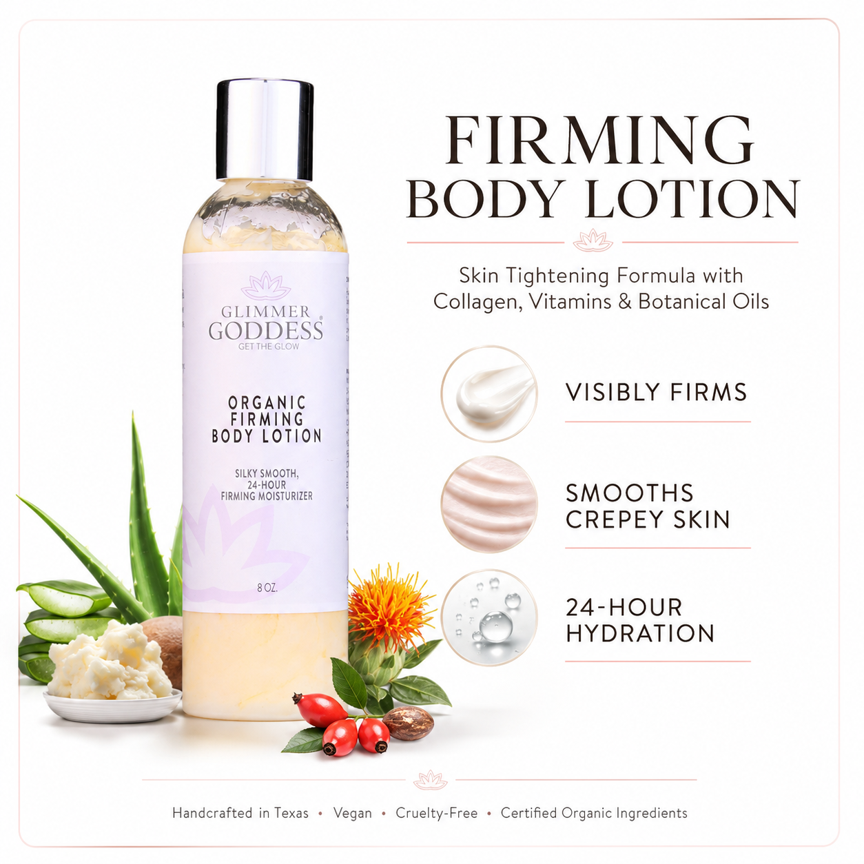 Glimmer Goddess Organic Firming Body Lotion with natural ingredients and product benefits on a white background