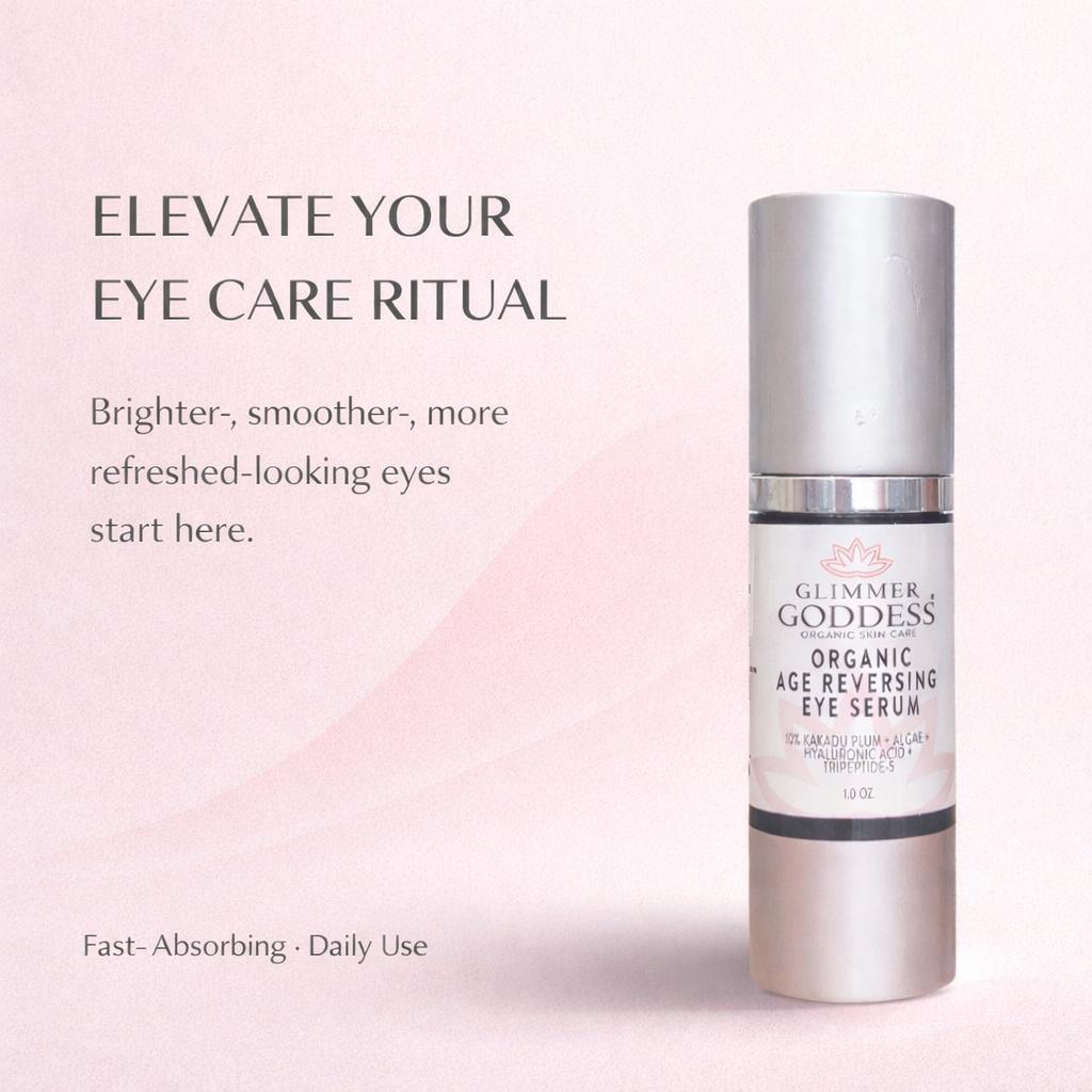 Glimmer Goddess Organic Age Reversing Eye Serum for eyes, an instant firming treatment with natural skincare ingredients.