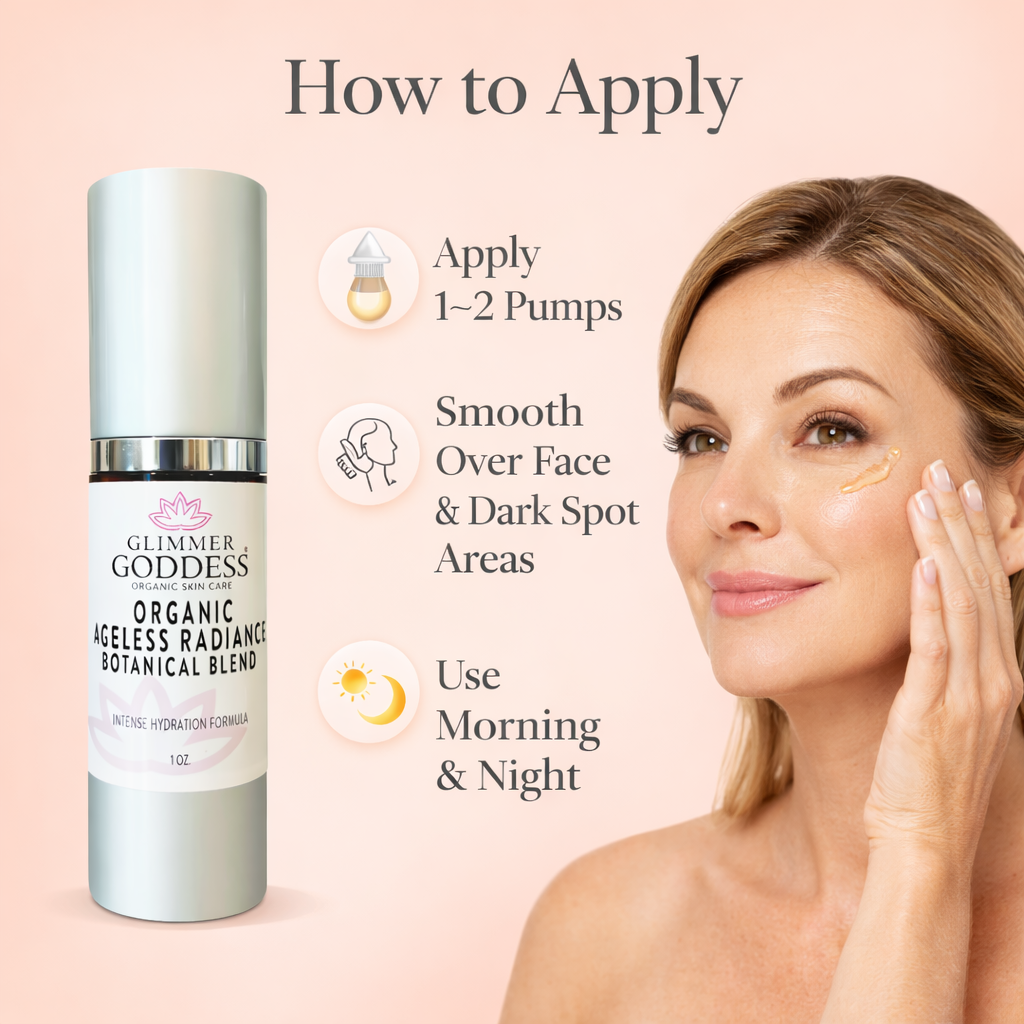 Glimmer Goddess Organic Skin Brightening Serum bottle with application instructions, promoting radiant, dark spot-free skin.