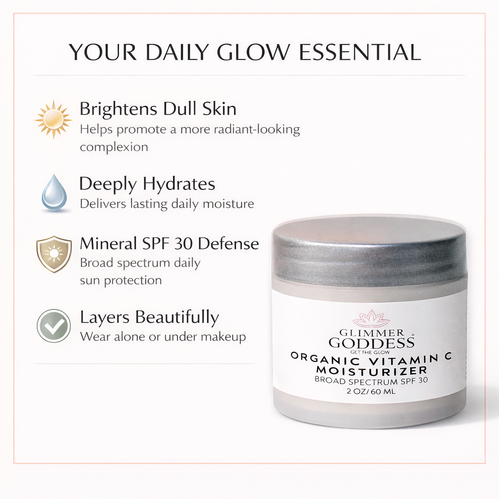 Glimmer Goddess Organic Vitamin C Daily Moisturizer with SPF 30, brightening skincare for luminous, hydrated skin.