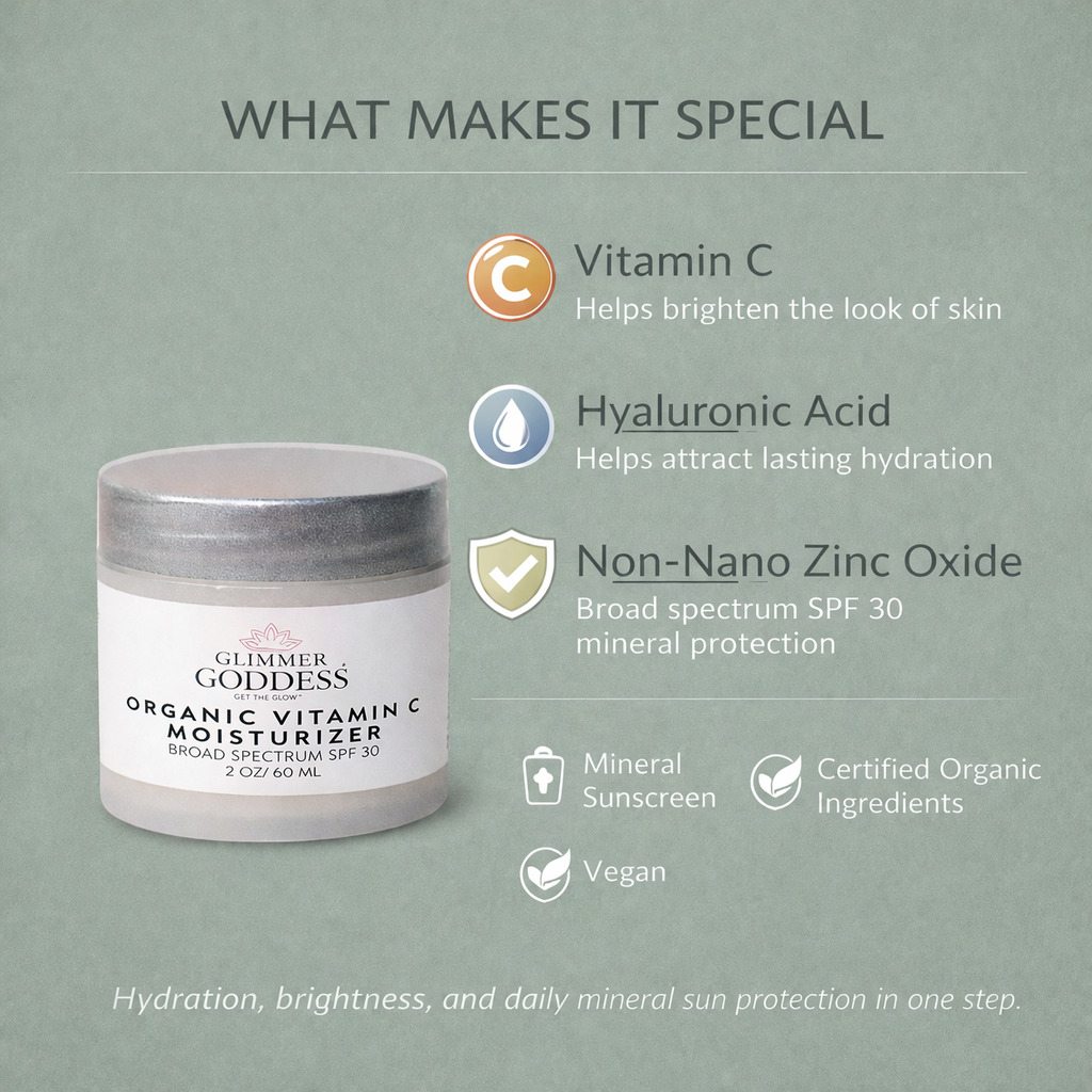 Glimmer Goddess® Organic Vitamin C Daily Moisturizer SPF 30 with brightening benefits, featuring a light, hydrating cream texture.