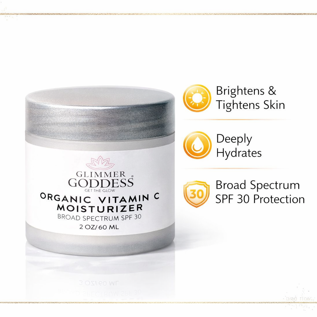 Glimmer Goddess® Organic Vitamin C Daily Moisturizer with SPF 30, brightening formula, in a sleek skincare jar.