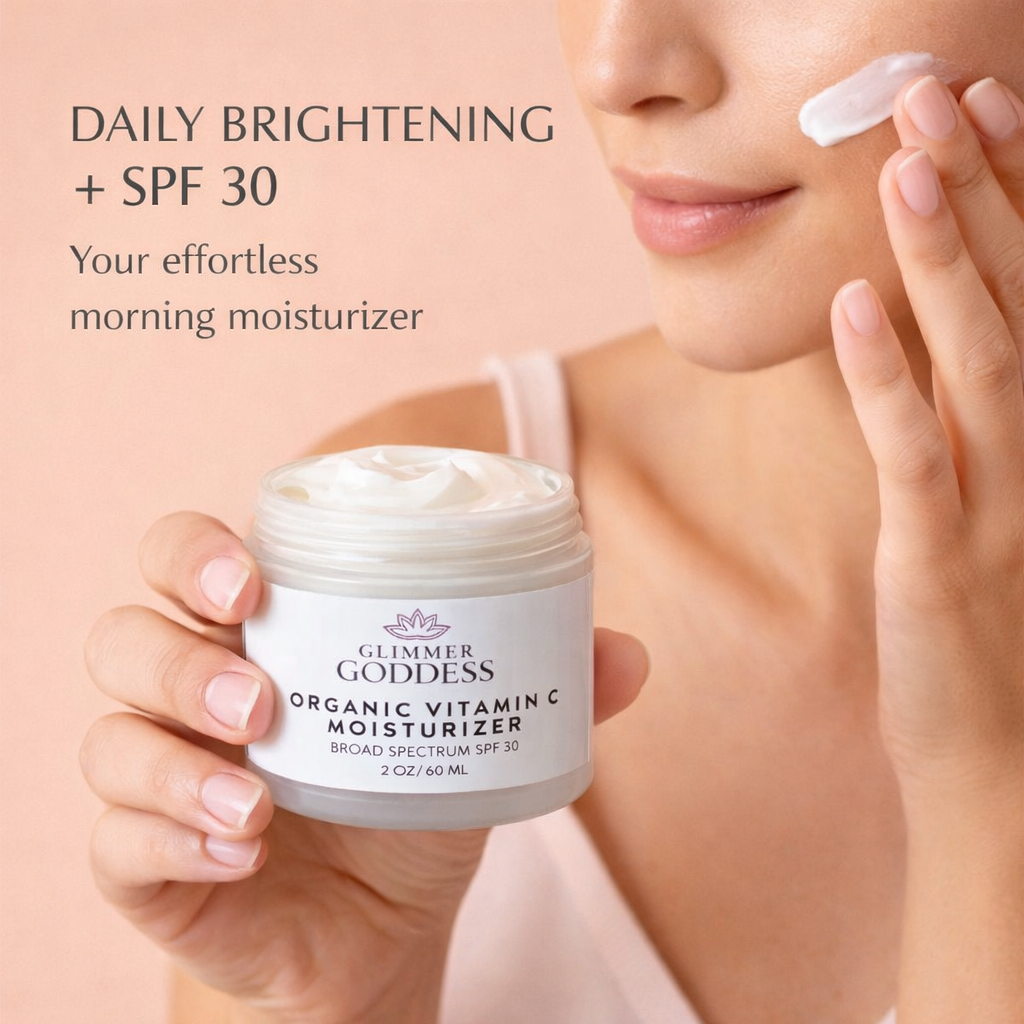 Glimmer Goddess Organic Vitamin C Daily Moisturizer SPF 30 brightening moisturizer with natural ingredients, applied on clean skin.