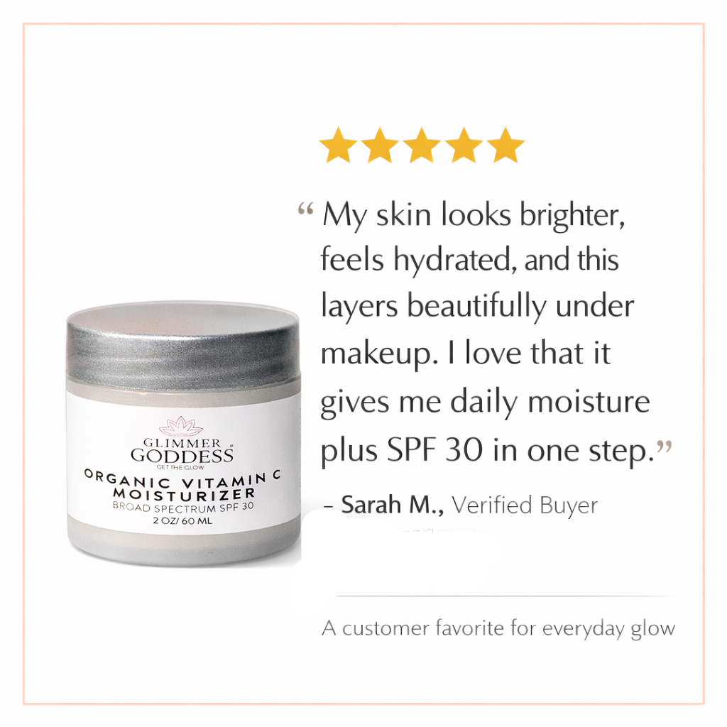 Organic Vitamin C Daily Moisturizer SPF 30 by Glimmer Goddess® Organic Skin Care, featuring brightening formula and smooth texture.