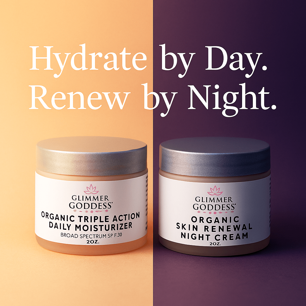 Glimmer Goddess Day & Night Duo – Triple Action SPF 30 Moisturizer + Skin Renewal Night Cream Bundle - Glimmer Goddess® Organic Skin Care