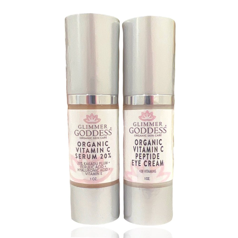 Organic Vitamin C Glow Duo featuring Glimmer Goddess® Vitamin C serum and peptide eye cream for radiant skin and bright eyes.