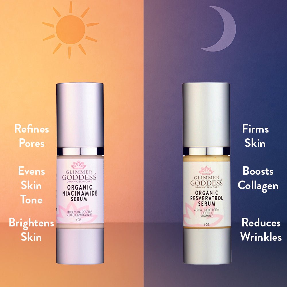 Niacinamide & Resveratrol Face Serum Duo – Anti-Aging, Pore-Reducing & Brightening Skincare Bundle - Glimmer Goddess® Organic Skin Care