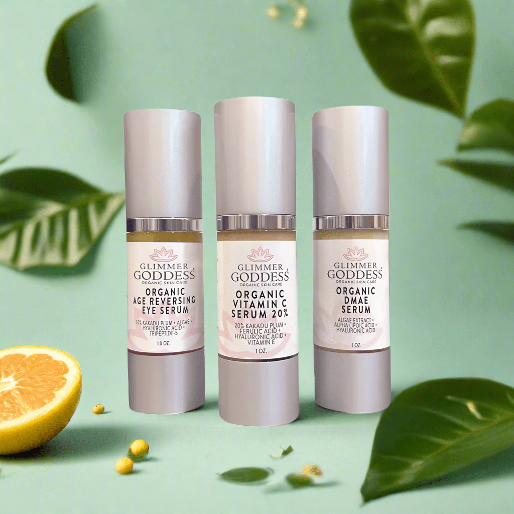 Organic Anti - Aging Trio Vitamin C + DMAE + Age Reversing Eye Serum - Glimmer Goddess® Organic Skin Care