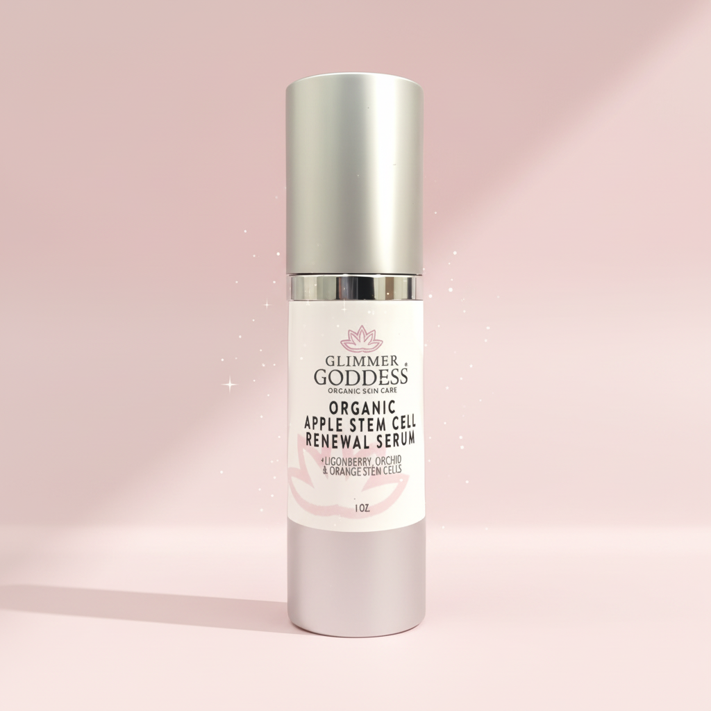 Glimmer Goddess Organic Apple Stem Cell Renewal Serum bottle on a pink background