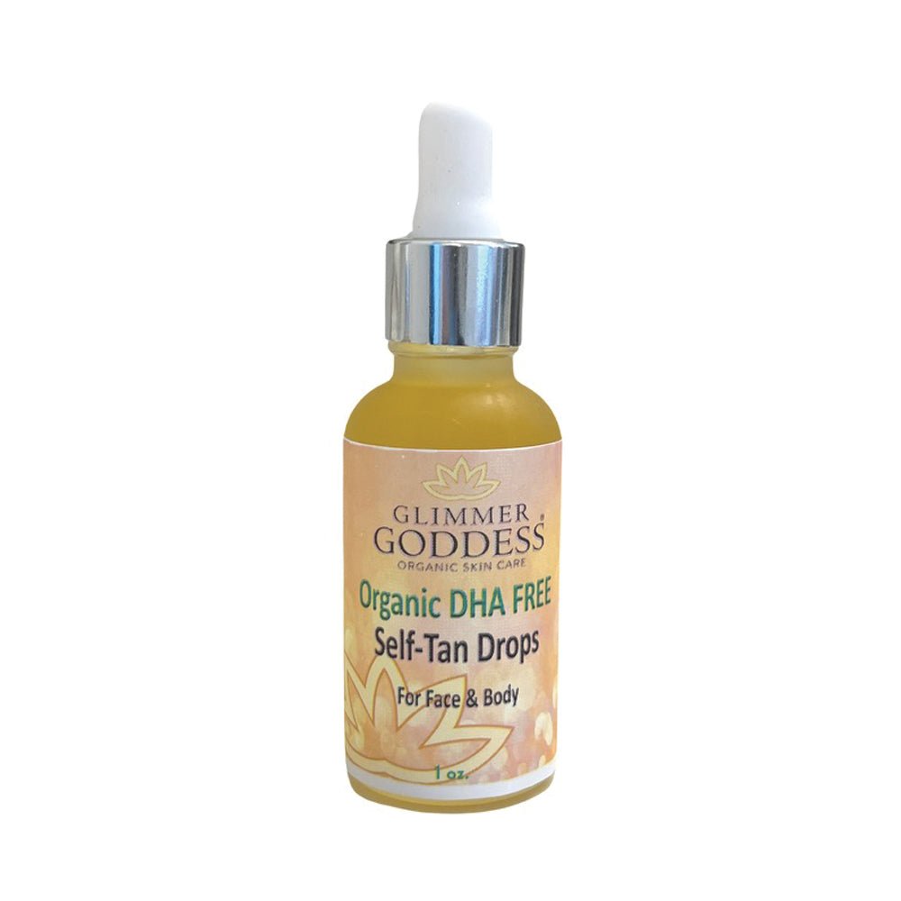Organic DHA-free self-tanning drops by Glimmer Goddess® for a gradual, natural glow with no chemical smell on face and body.