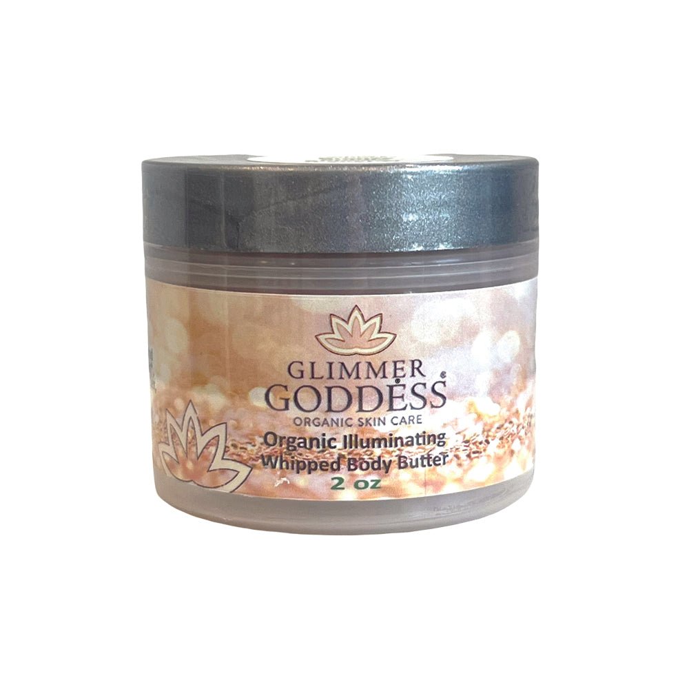 Organic Shimmer Body Butter by Glimmer Goddess® in 2 oz travel size, showing whipped, shimmering texture in a jar.