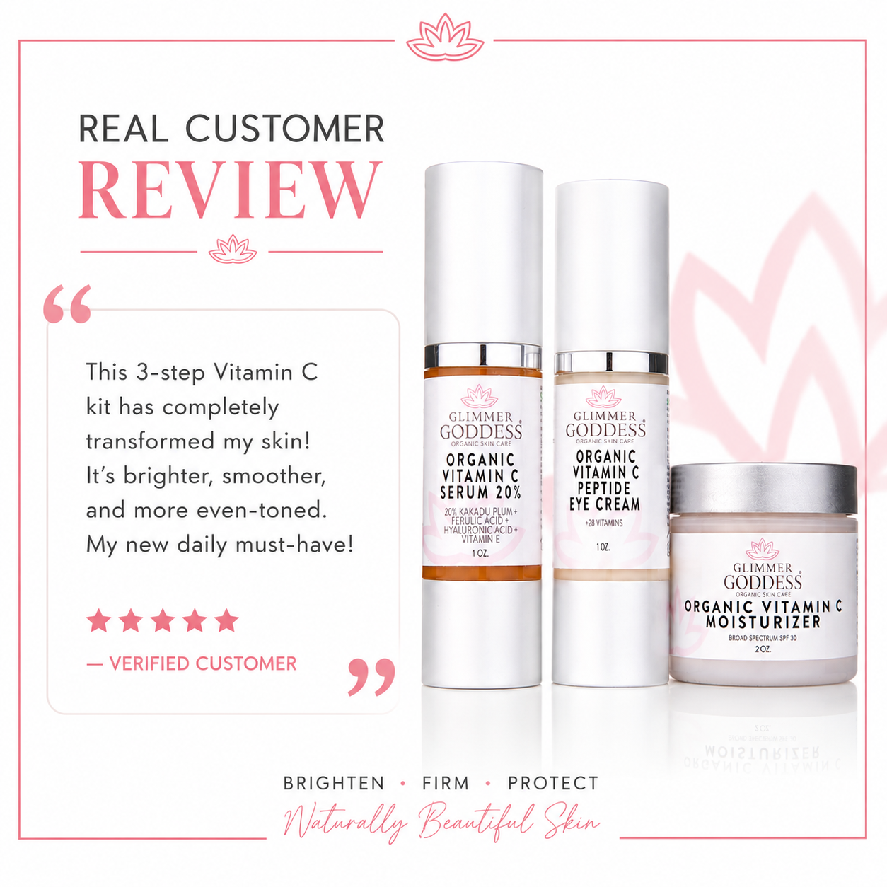 Promotional graphic for a Glimmer Goddess skincare set featuring a 3-step Vitamin C kit: Organic Vitamin C Serum 20%, Organic Vitamin C Peptide Eye Cream, and Organic Vitamin C Moisturizer, alongside a customer review quote on a white background with pink accents.