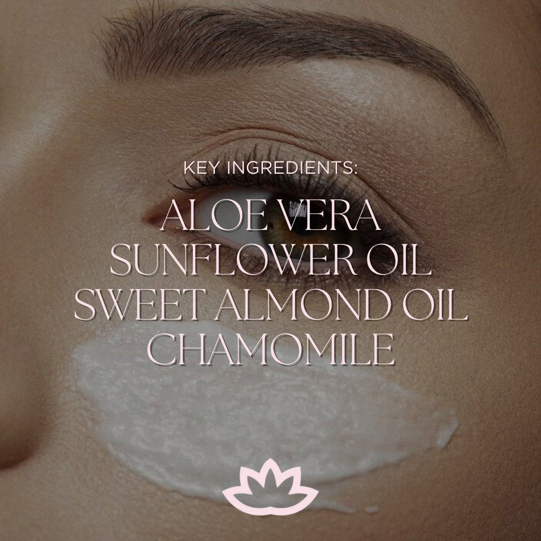 Organic eye cream with aloe vera, sunflower oil, sweet almond oil, chamomile on smooth skin