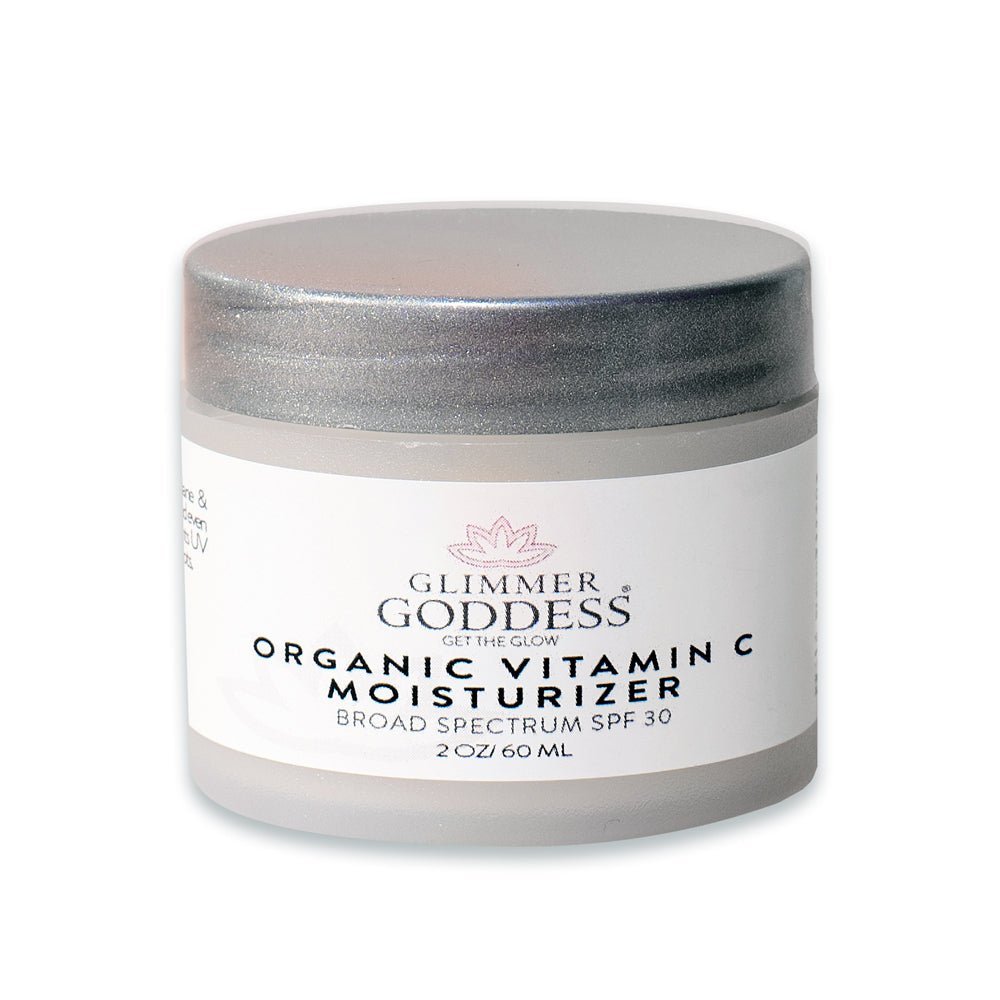 Organic Vitamin C Daily Moisturizer SPF 30 by Glimmer Goddess® Organic Skin Care, showing the brightening face cream with reef-safe SPF.