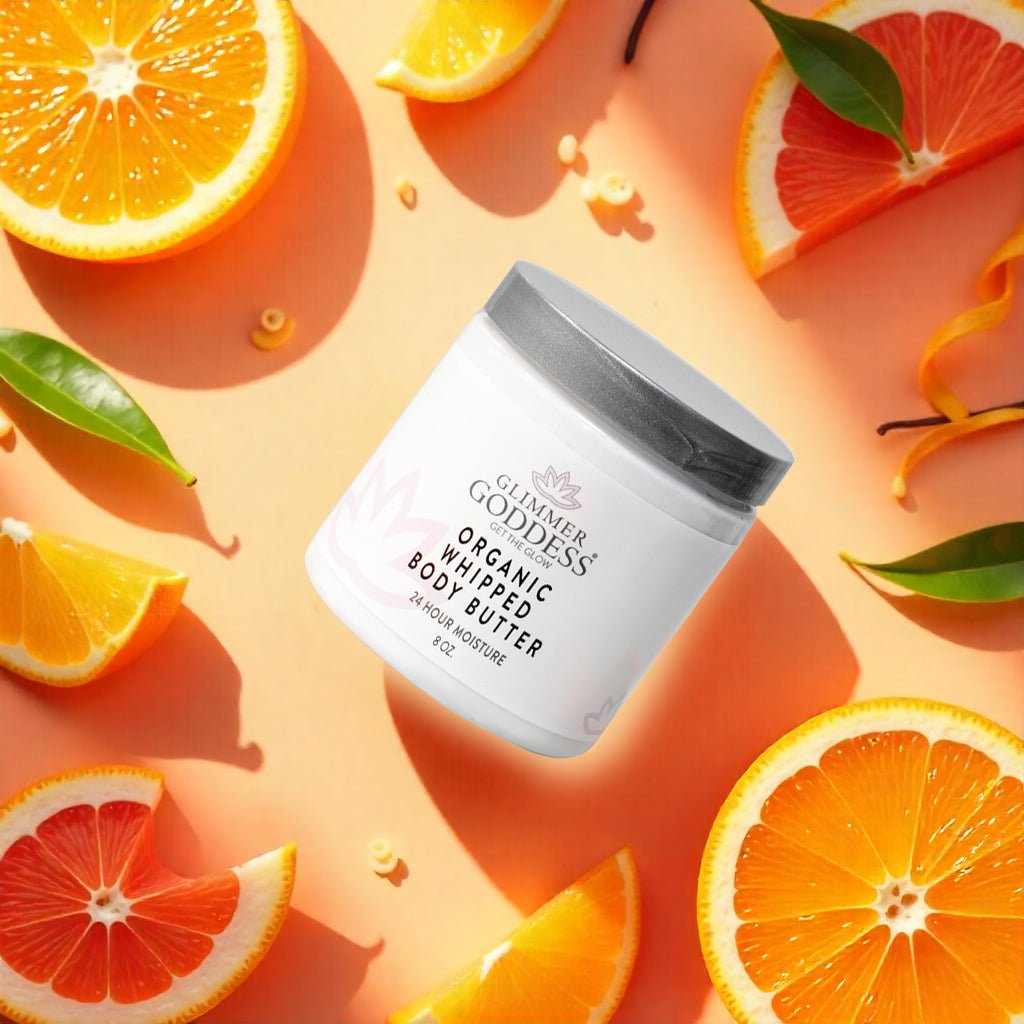 Organic whipped body butter from Glimmer Goddess® Radiance Glow skincare gift set, exfoliates, brightens, and hydrates skin naturally.