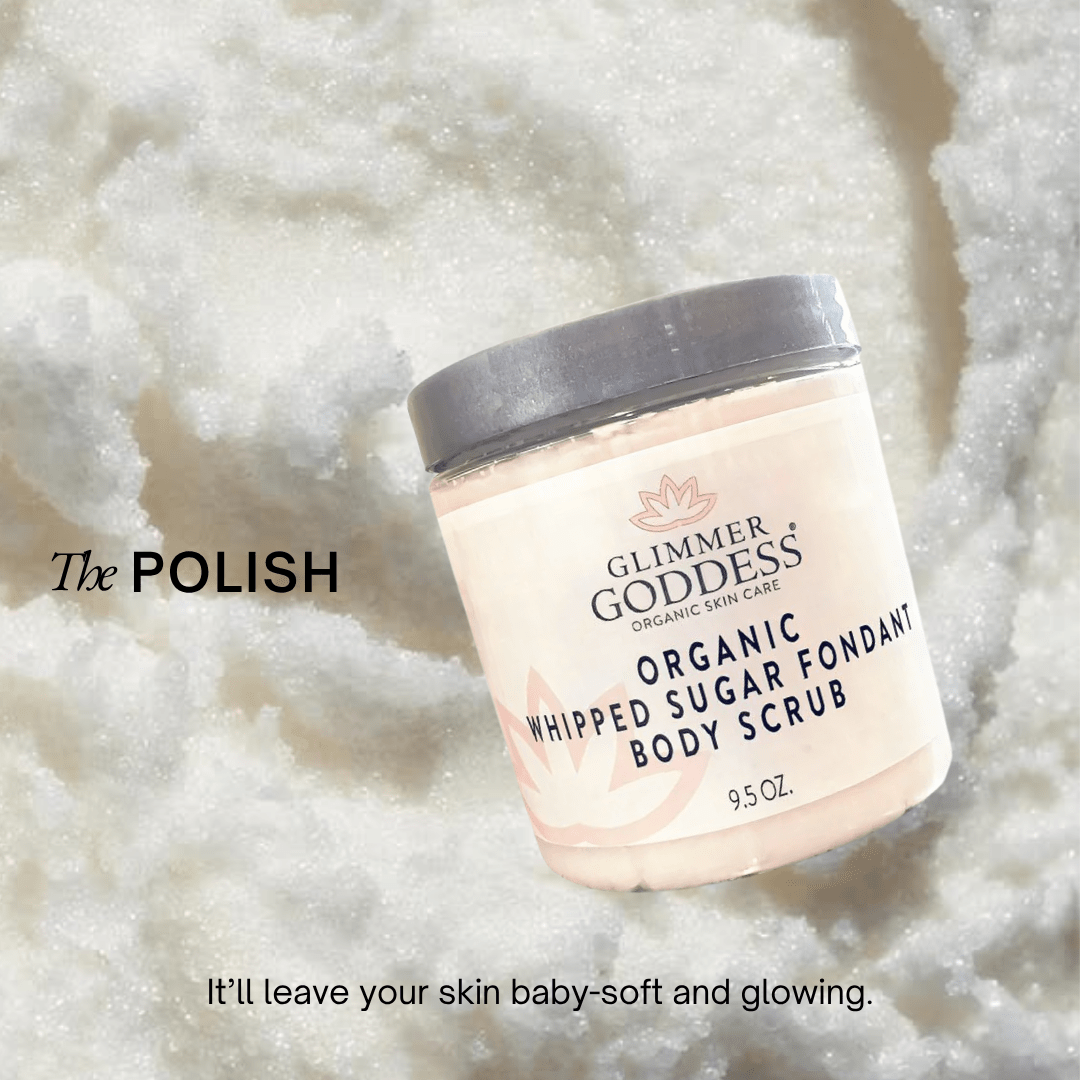 Organic Whipped Sugar Body Scrub by Glimmer Goddess® Organic Skin Care, exfoliating treatment for crepey skin in a 10 oz jar.