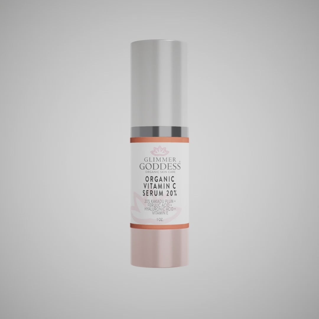 Front of Organic Vitamin C Serum 20% Firm & Glow from Glimmer Goddess bottle