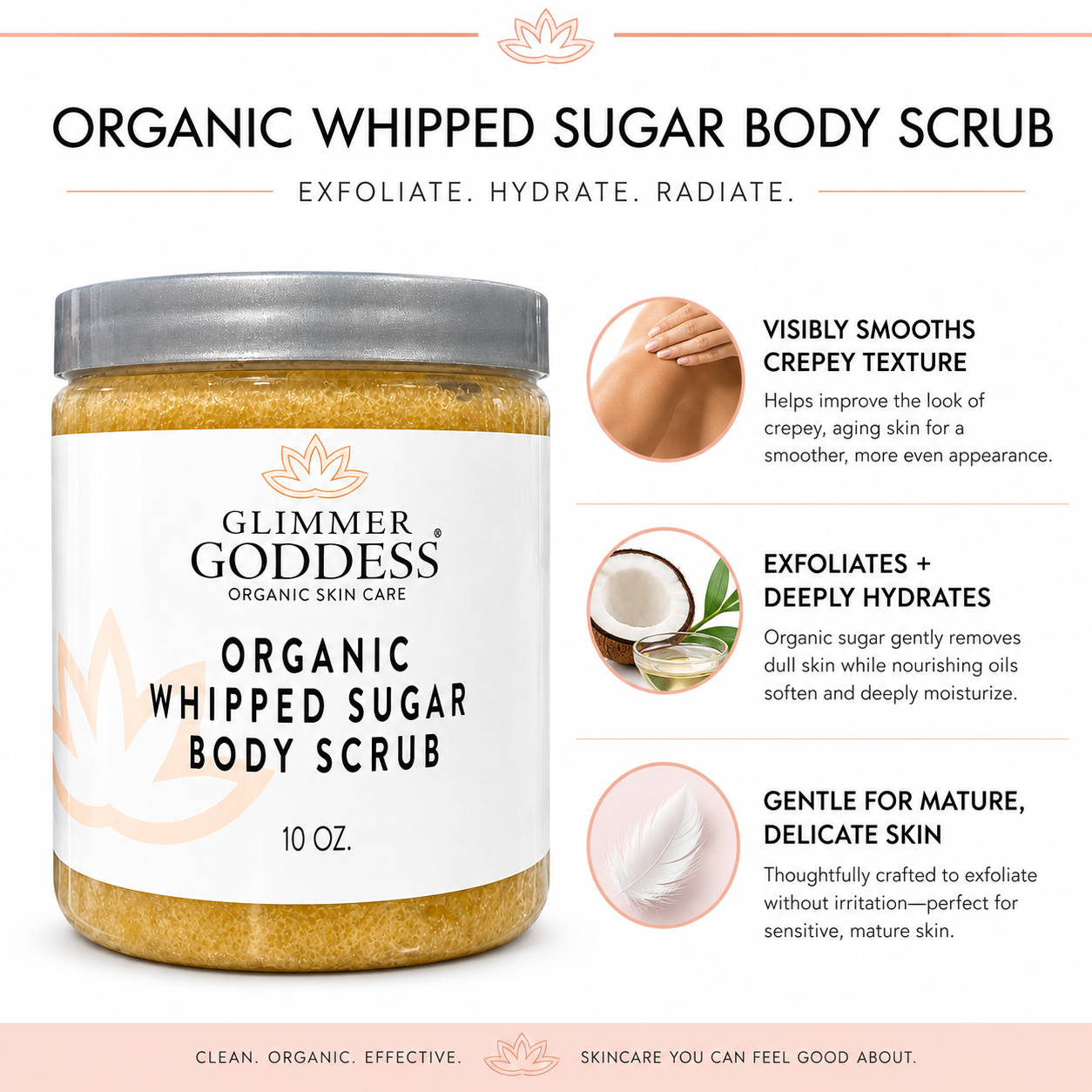 Organic Whipped Sugar Body Scrub 10 oz – Crepey Skin Treatment & Exfoliator