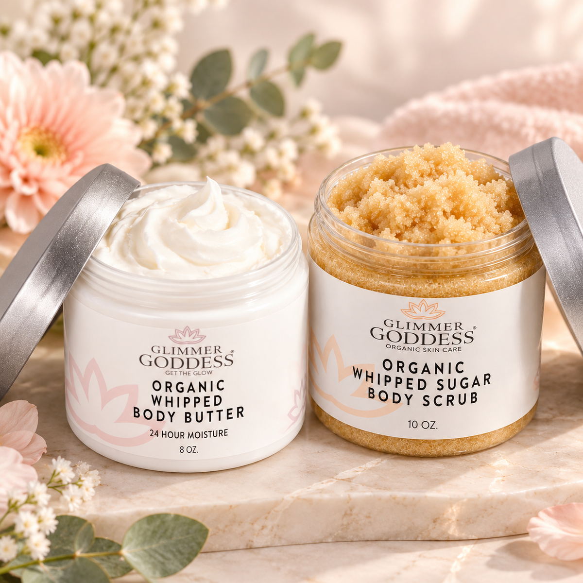 Glimmer Goddess Whipped Body Ritual Duo with 8 oz Organic Whipped Body Butter and 10 oz Organic Whipped Sugar Body Scrub