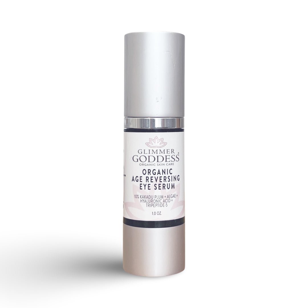 Glimmer Goddess Organic Age Reversing Eye Serum for eyes with instant firming and anti-aging skin treatment.