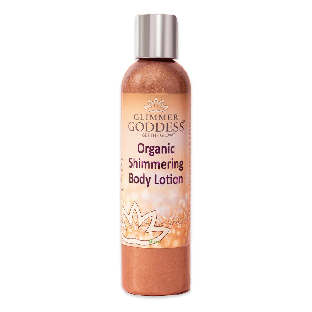 Organic Bronze Shimmer Body Lotion by Glimmer Goddess® with luminous, buildable glow and bronze shimmer finish.