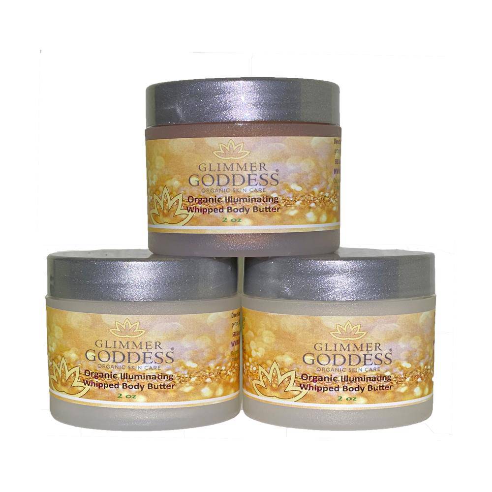 Set of three organic shimmering body butters by Glimmer Goddess®, featuring whipped texture and radiant glow for skin.