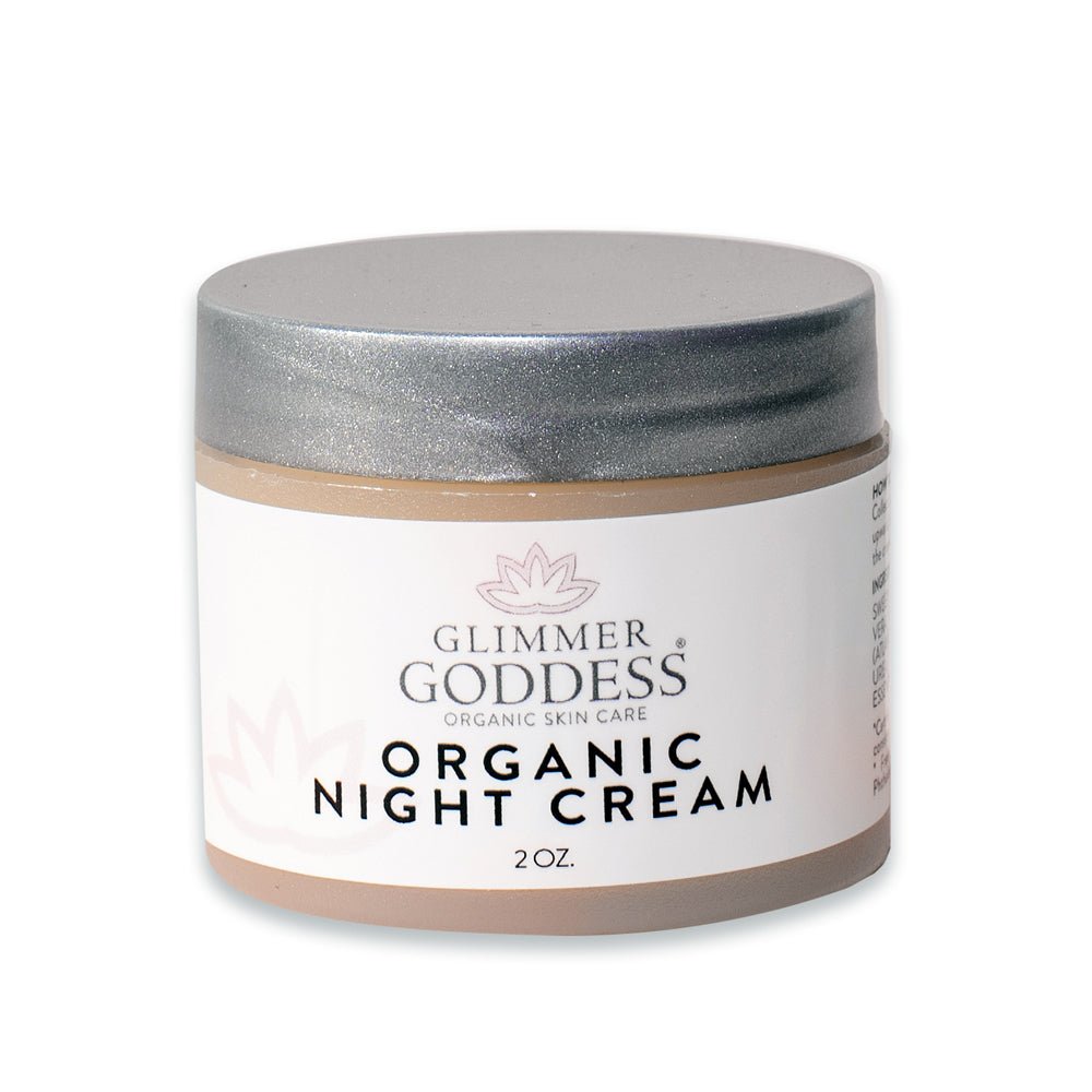 Glimmer Goddess Organic Skin Renewal Night Cream in 2 oz jar, hydrating, anti-aging moisturizer for rejuvenated skin.