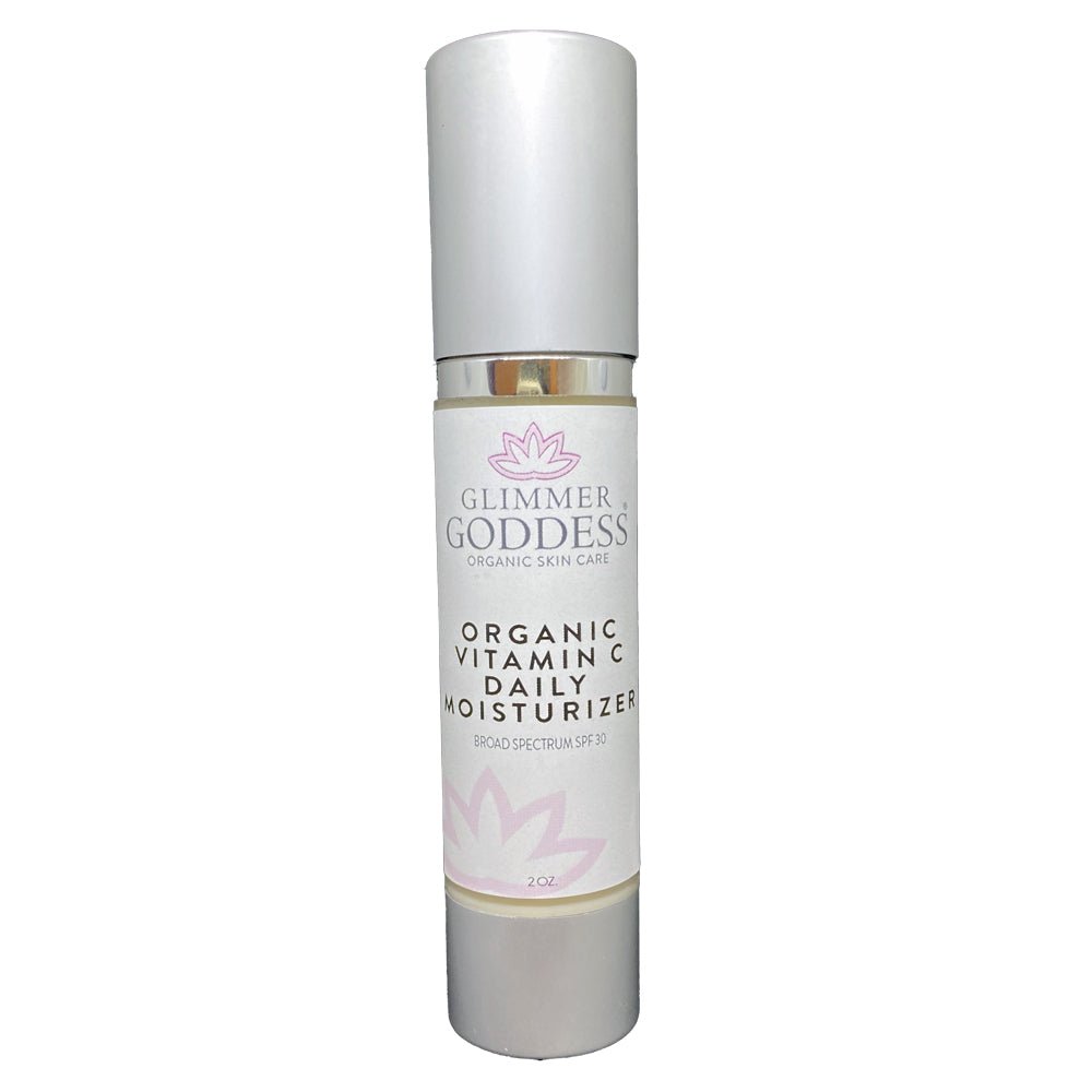 Organic Vitamin C Daily Moisturizer SPF 30 by Glimmer Goddess® Organic Skin Care, brightening and tightening face cream with sun protection.