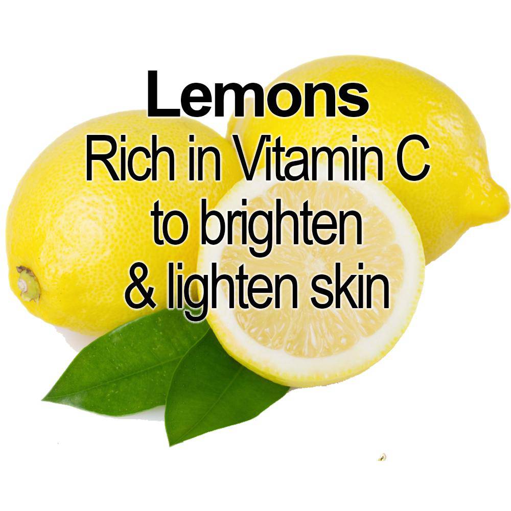 Lemons with text on how it brightens and lightens your skin