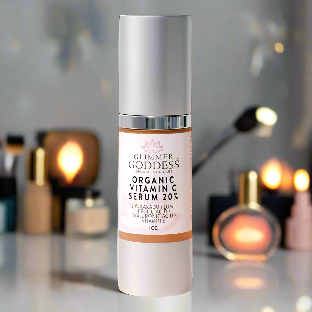 Glimmer Goddess Organic Vitamin C 6-step anti-aging skin care gift set with brightening products and SPF 30 protection.