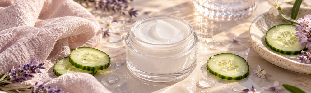 Summer hydration skincare with moisturizer, cucumber, and water droplets