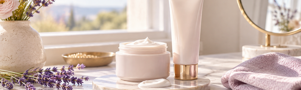Simple morning moisturizer and sunscreen still life