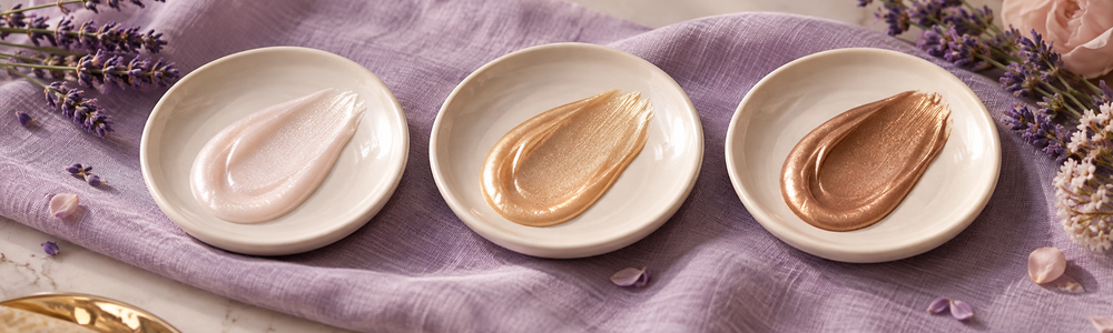 Pearl, gold, and bronze shimmer lotion finishes on ceramic dishes