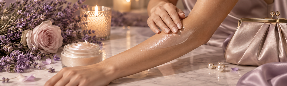 Special-event shimmer lotion ritual with pearls, flowers, and satin accessories
