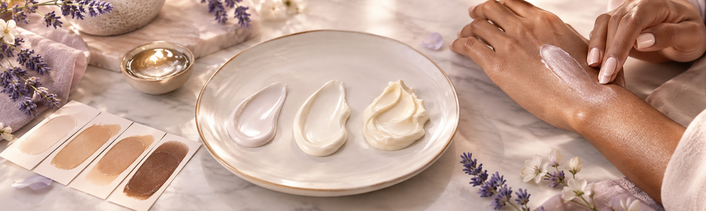 Lightweight lotion, cream, and rich body butter textures with inclusive tone swatches
