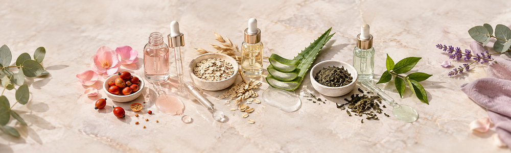 Clean beauty ingredient categories including botanicals, oats, aloe and serum textures