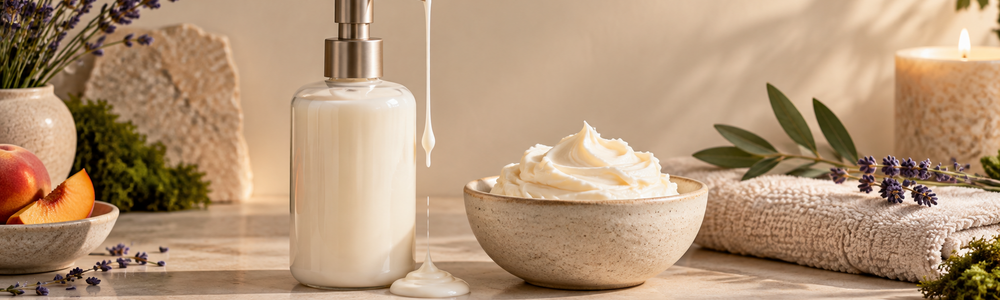 Lightweight body lotion beside rich whipped body butter