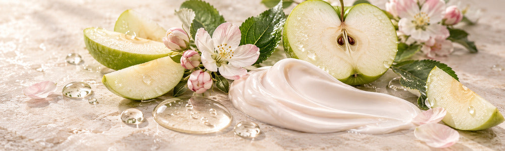 Apple stem cell moisturizer ingredients with green apples, blossoms and cream texture