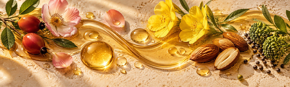 Golden botanical body oils with rosehip, evening primrose and almond