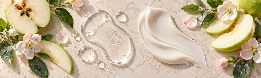 Apple stem cell serum and moisturizer textures with green apple botanicals