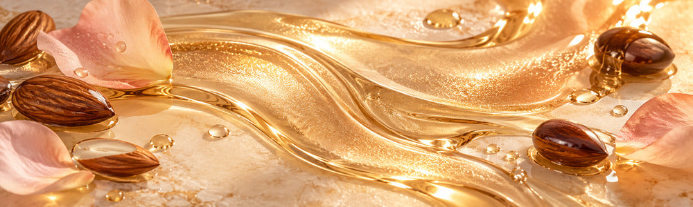Champagne-gold shimmer body oil with almond and soft petals