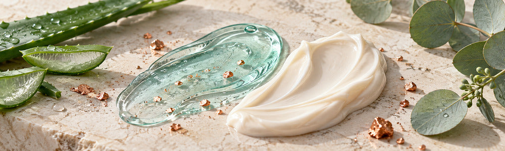 Copper peptide serum and moisturizer textures with aloe and eucalyptus
