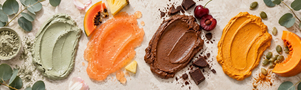 Four face mask textures with clay, papaya, chocolate cherry and pumpkin botanicals