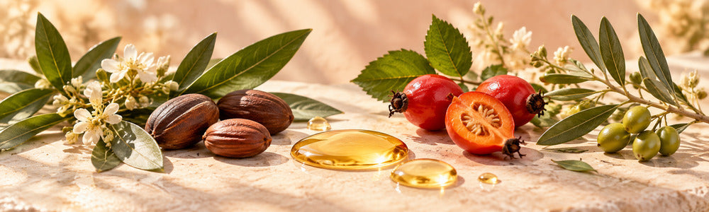 Organic face oil ingredients with jojoba, rosehip and golden botanical oil